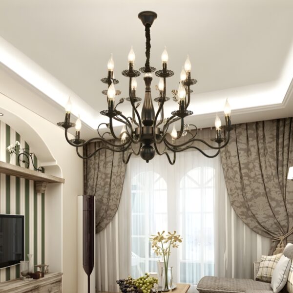 Lustre baroque doré et noir en fer forgé