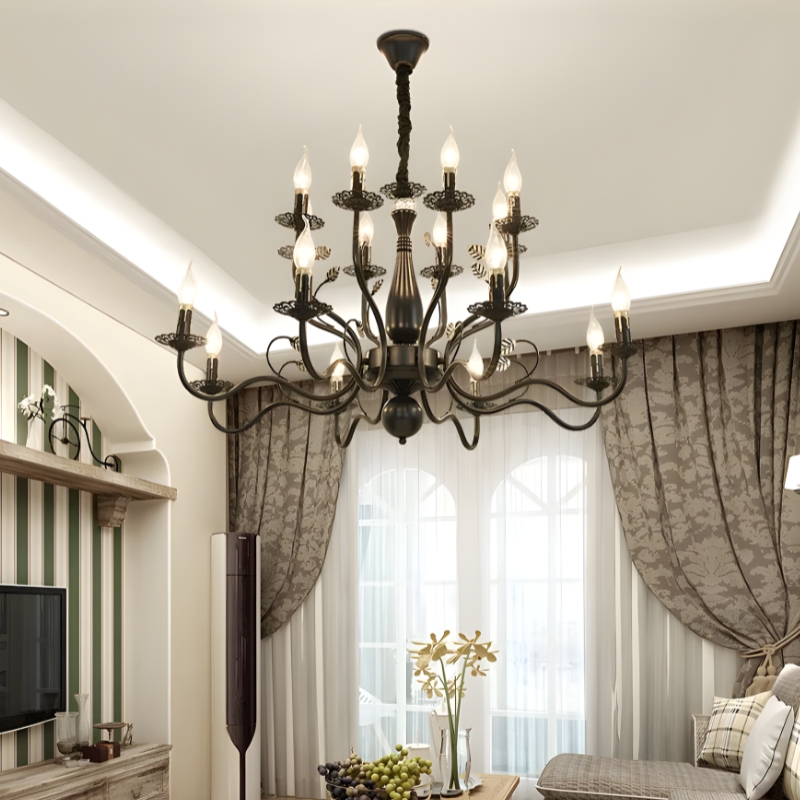 Lustre baroque doré et noir en fer forgé