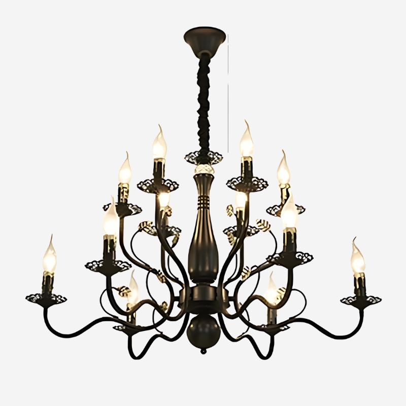 Lustre baroque doré et noir en fer forgé