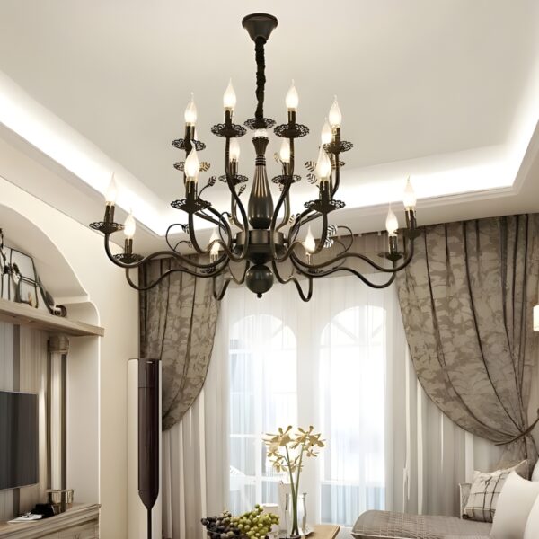 Lustre baroque doré et noir en fer forgé