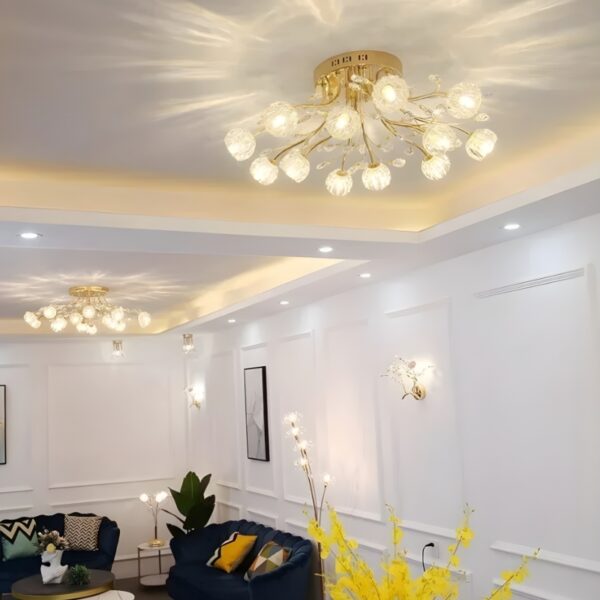Plafonnier LED fleur cristal doré luxe