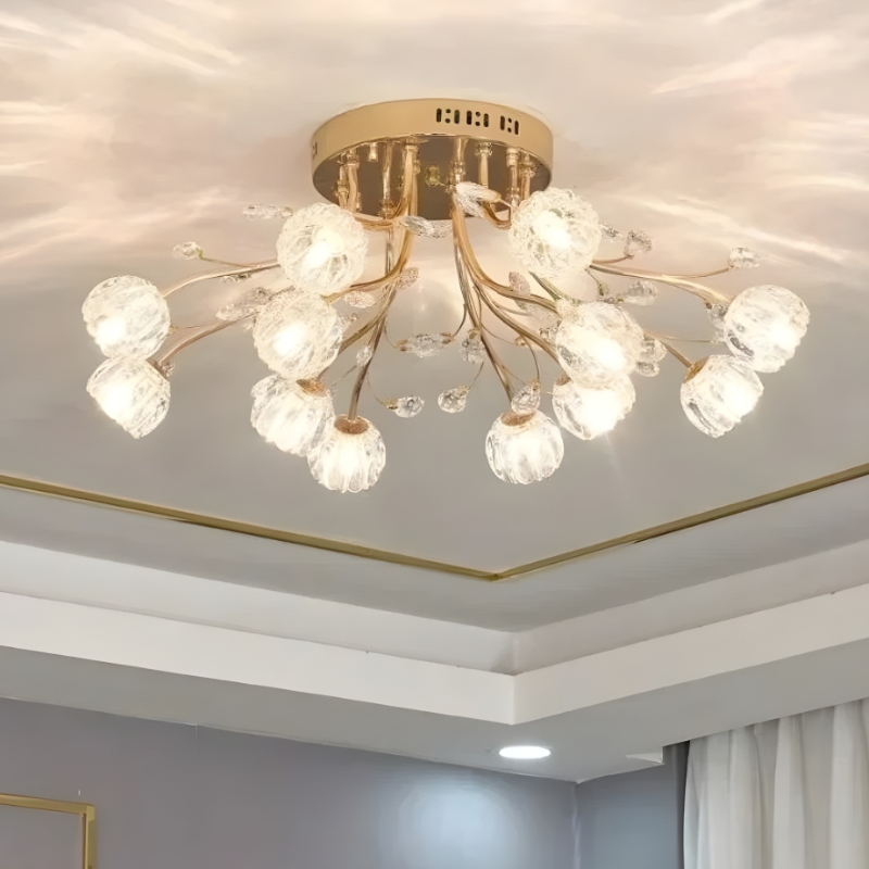 Plafonnier LED fleur cristal doré luxe