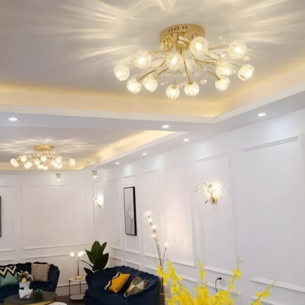 Plafonnier LED fleur cristal doré luxe