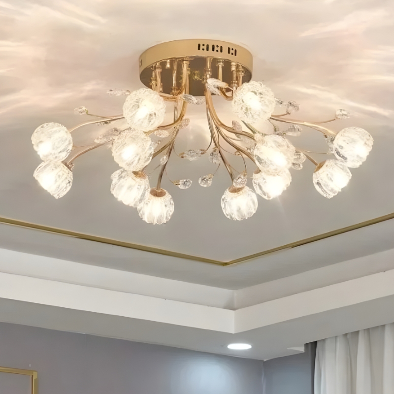 Plafonnier LED fleur cristal doré luxe
