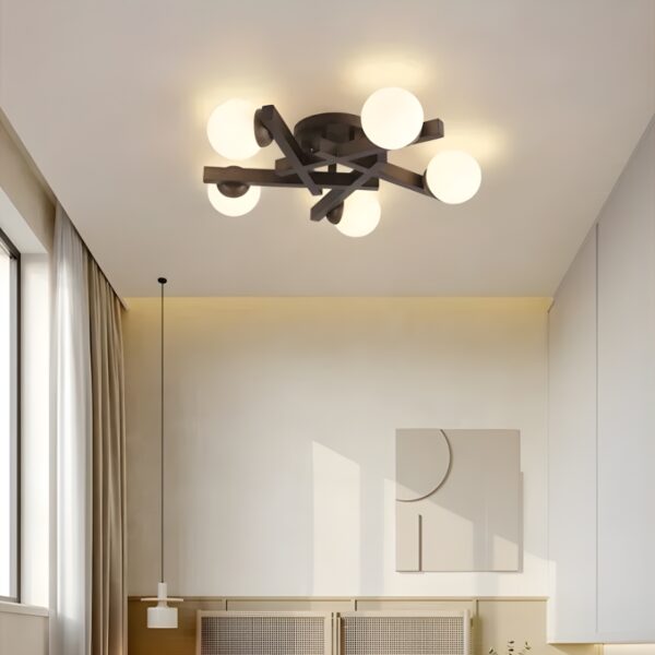 Lustre plafonnier style moderne en bois et verre