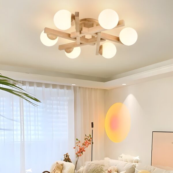 Lustre plafonnier style moderne en bois et verre