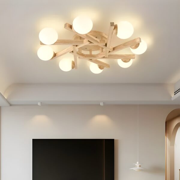 Lustre plafonnier style moderne en bois et verre