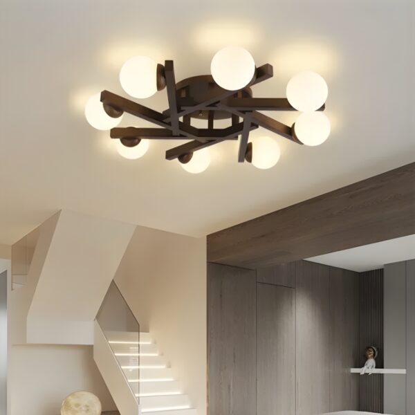 Lustre plafonnier style moderne en bois et verre