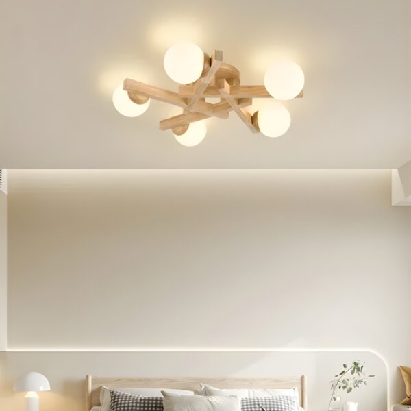 Lustre plafonnier style moderne en bois et verre